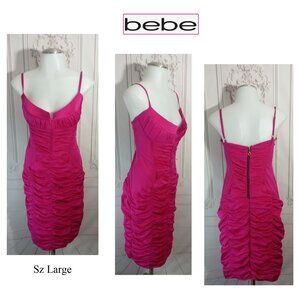 Bebe Hot Pink Sexy Ruched Knee Length Bodycon Bustier Corset Sundress Sz L